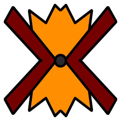 two red wedges facing each other, a small dark grey circle between them. above and below, big orange impact shapes.